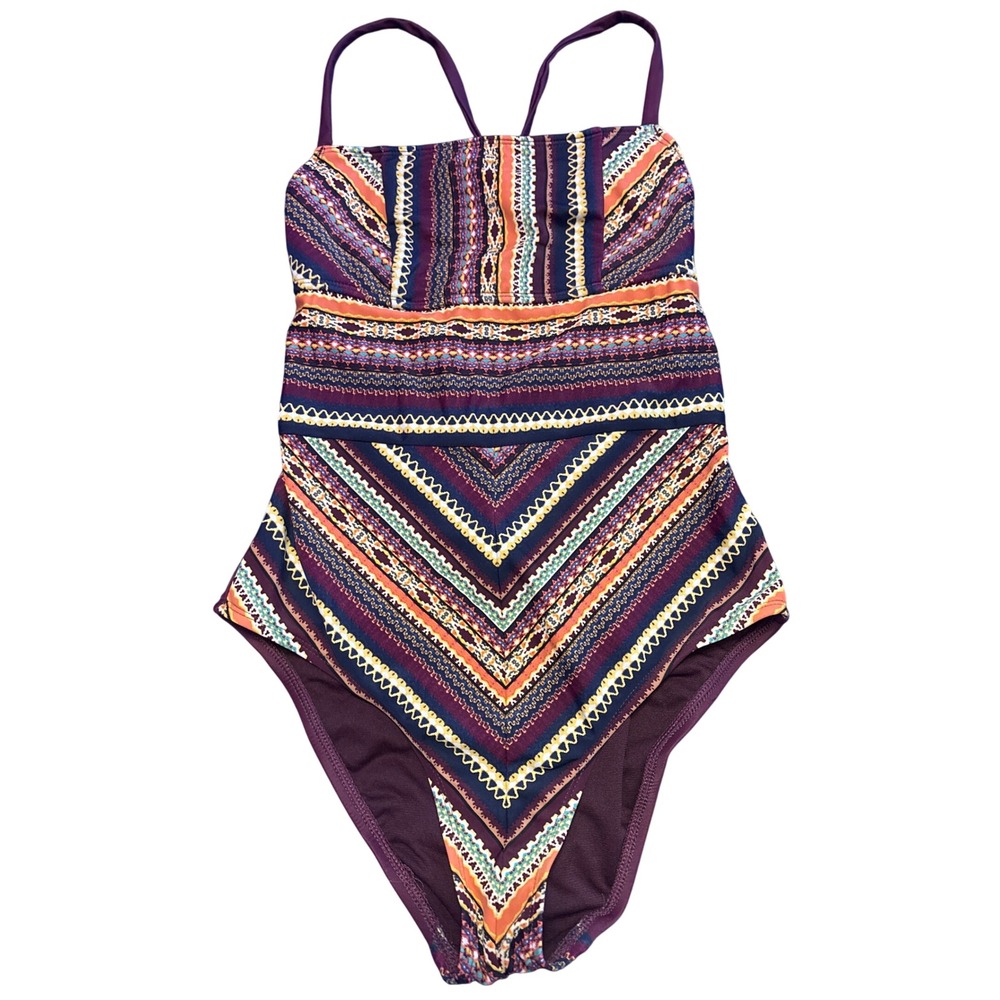Mossimo Boho Tribal Print Lace Up Back One Piece Swimsuit Burgundy Size S